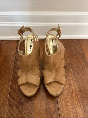 Michael Antonio Tan Open-Toe Slingback Wedge Heels